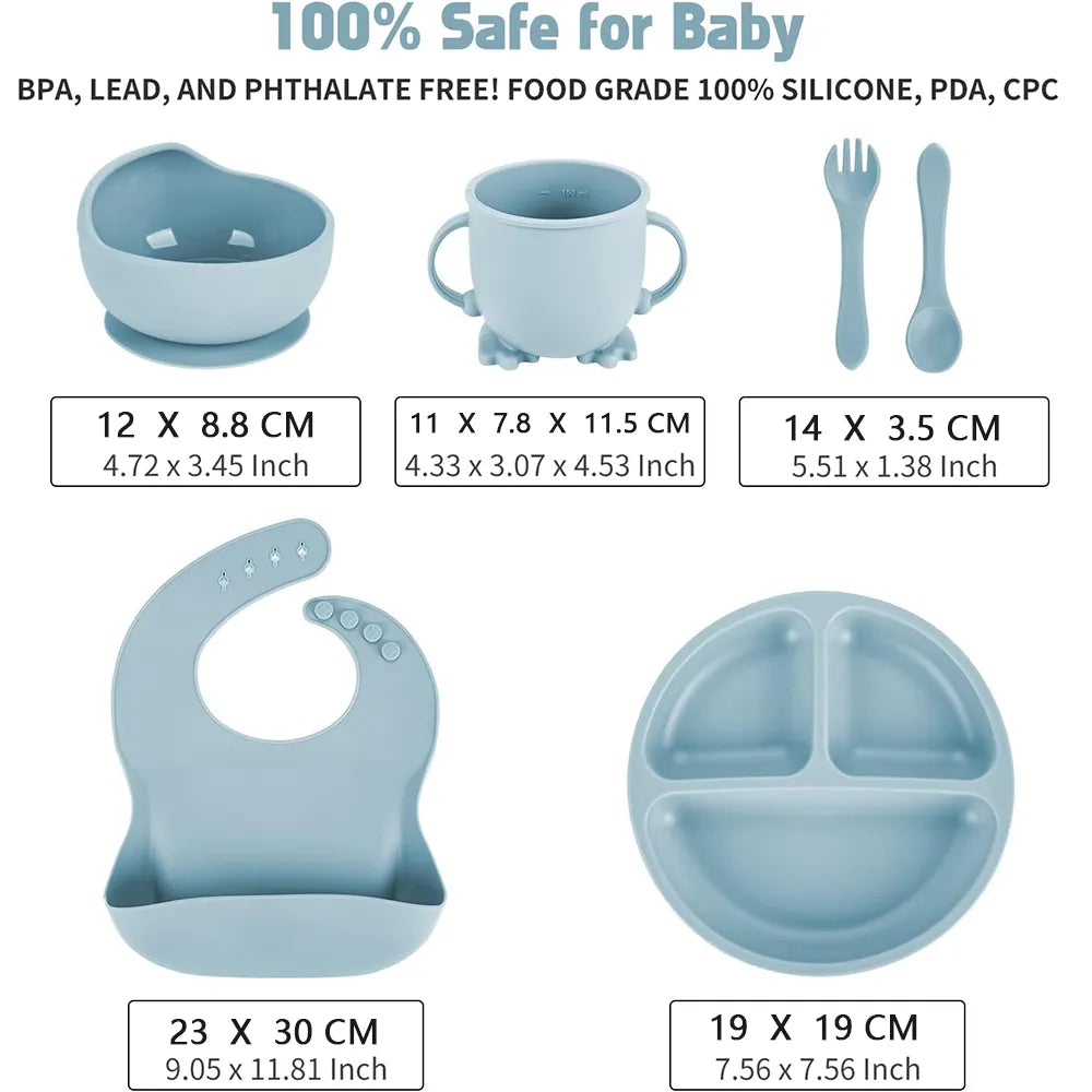 Children'S Dishes Set Baby Silicone Tableware 6PCS Set Sucker Bowl Bib Cup Fork Spoon Set Maternal and Infant Supplies BPA Free