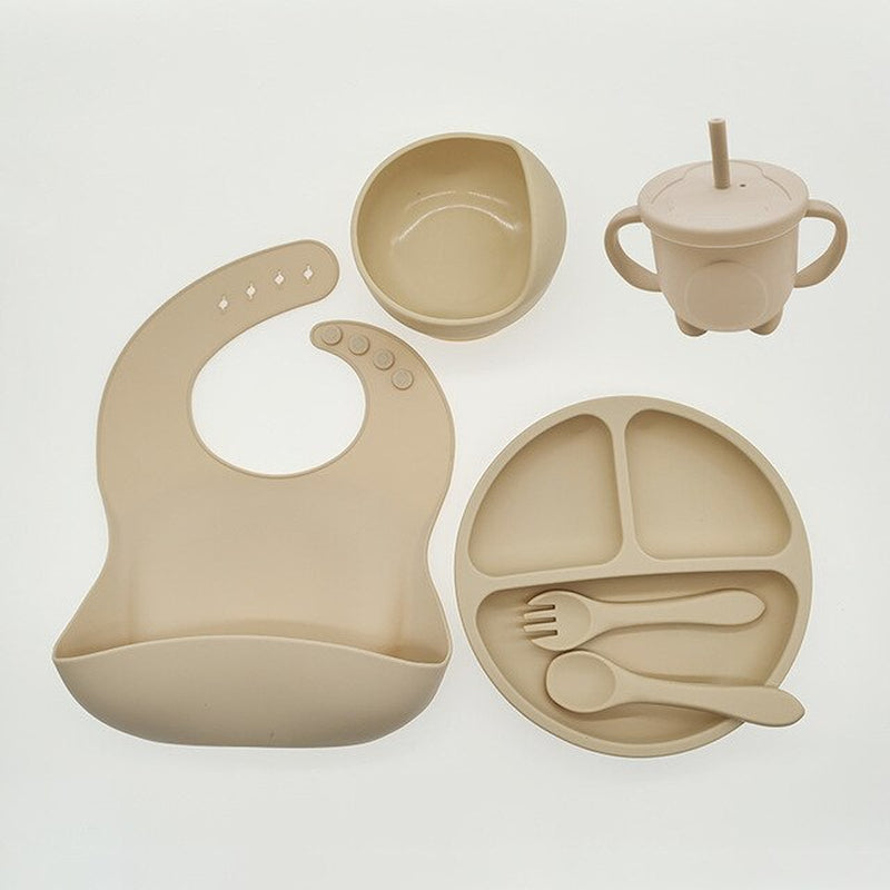 Children'S Dishes Set Baby Silicone Tableware 6PCS Set Sucker Bowl Bib Cup Fork Spoon Set Maternal and Infant Supplies BPA Free